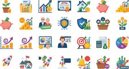 Fototapeta premium Finance and Investment Icon Set: Isolated Vector Flat Designs for Wealth Management, Stock Market Analytics, Piggy Bank Savings, Cryptocurrency, Inflation CPI, Pension, and Economic Growth
