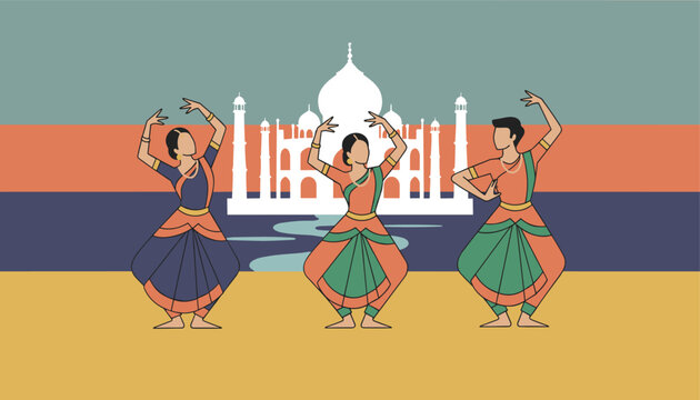 Traditional Indian dancers performing classical bharatanatyam on abstract background with Taj Mahal silhouette.