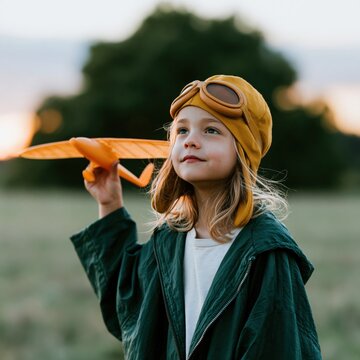 Child holding orange glider wearing pilot hat at sunset in an open meadow for kids banner and inspirational poster background