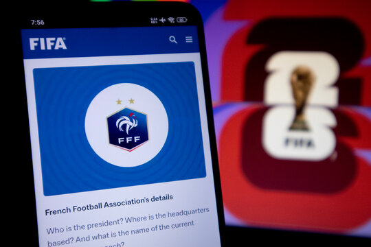 Pacitan, Indonesia - July 14, 2026 : Smartphone screen displaying the official FIFA webpage for the French Football Association (FFF) details.