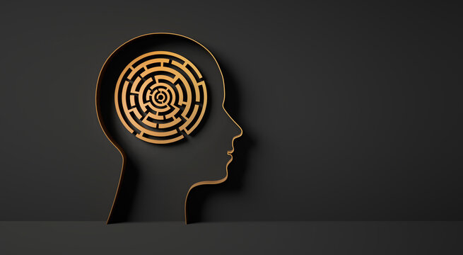 3D silhouette of a head with golden round maze inside symbolizing mental complexity and confusion on dark background - 3d illustration