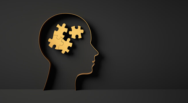 3D silhouette of a head with four golden puzzle parts inside symbolizing mental complexity and confusion on dark background - 3d illustration