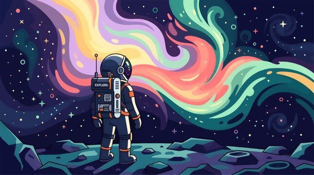 Lone Astronaut Standing on Moon Surface Looking at Vibrant Cosmic Nebula, Colorful Galaxy Background with Stars and Planets, Flat Vector Illustration of Space Explorer in Stylized Suit