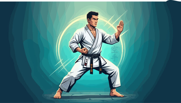Muscular Japanese Karate Master in White Gi and Black Belt Posed in Fighting Stance, Vector Illustration of Martial Arts Expert with Intense Expression, Glowing Dojo Background with Kanji Symbols