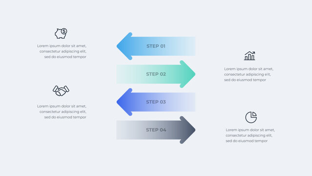Four Step Alternating Arrow Infographic for Workflow Stages, Project Sequence and Directional Planning on Light Background