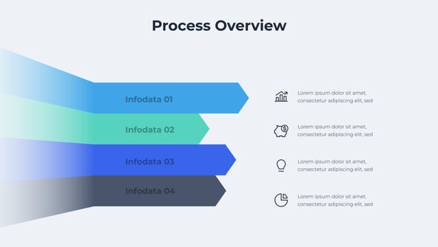 Four Step Horizontal Arrow Process Overview Infographic for Stage Comparison, Business Planning and Sequential Presentation on Light Background