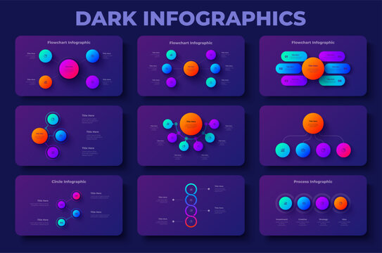 Nine Dark Gradient Infographic Diagram Collection with Flowcharts, Circular Processes and Business Presentation Layouts on Dark Purple Background
