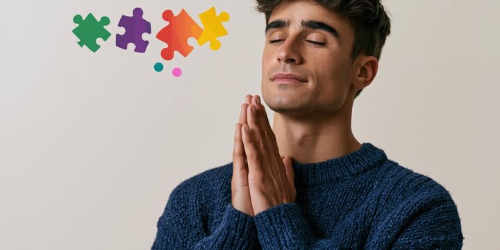 Young man with closed eyes and praying hands thinking of colorful puzzle pieces for mindfulness and mental health poster or therapy banner design