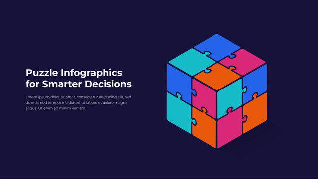 Colorful 3D Puzzle Cube Infographic Concept for Strategic Decision Making, Teamwork and Business Planning on Dark Background