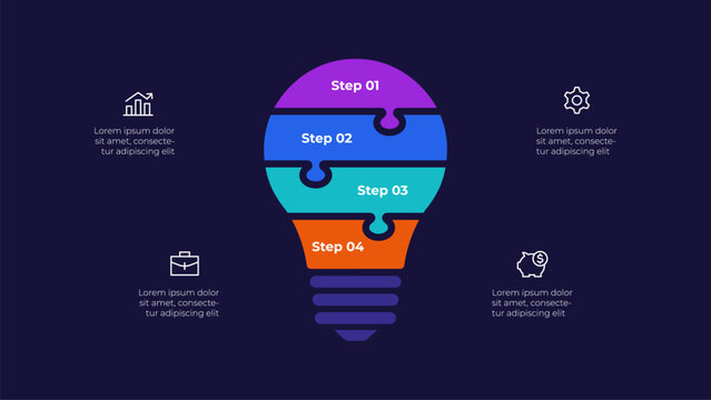 Four Step Puzzle Light Bulb Infographic for Innovation, Creative Thinking and Business Strategy on Dark Background