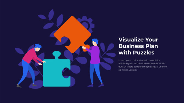 Business Teamwork Puzzle Concept with Two People Assembling Pieces for Strategic Planning, Collaboration and Project Development on Dark Background