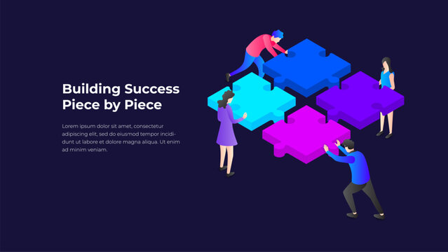 Four Piece Teamwork Puzzle Infographic with People Assembling Business Strategy for Collaboration and Project Success on Dark Background