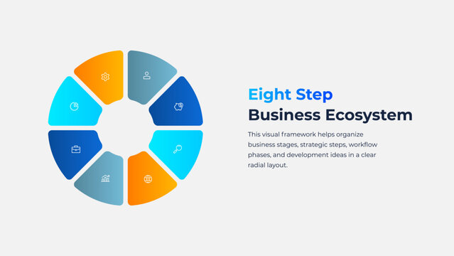 Eight Step Radial Ring Infographic for Business Ecosystem Mapping, Market Analysis and Strategic Management on Light Background