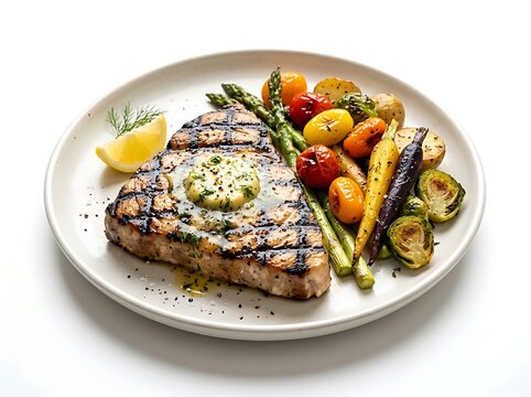 Grilled meat with butter and vegetables on plate
