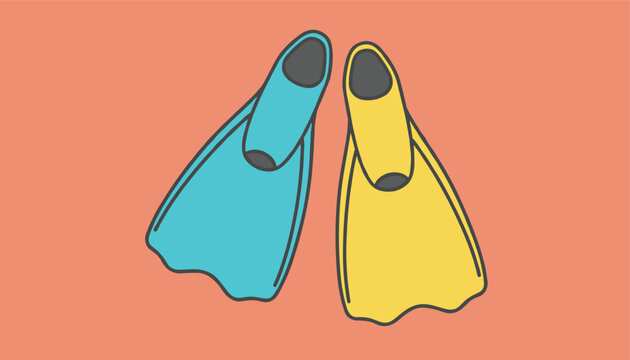 Blue and yellow swimming flippers or diving fins isolated on an orange-red background in flat cartoon style.
