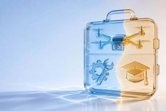 Transparent business and education suitcase concept with blue and gold 3D render