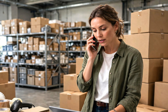 Professional female in casual wear entrepreneur standing beside packed shipping boxes in a clean ecommerce fulfillment workspace, speaking on a smartphone and logistics on a digital tablet. 