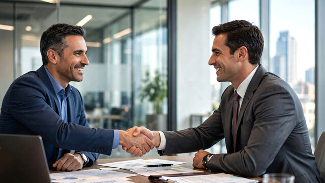 Professional financial advisor and male client shaking hands in a bright modern corporate office after successfully discussing an investment agreement, business partnership concept 
