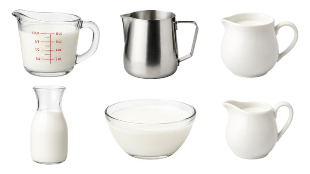Six milk containers including a glass measuring cup, stainless steel pitcher, glass bowl, bottle and white ceramic creamers arranged on a transparent background