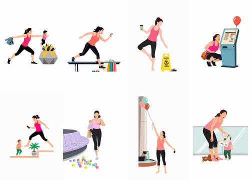 Flat vector illustration set of an active mother multitasking various activities and challenges with her toddler at a shopping mall.