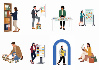 Fototapeta premium Set of professional vector illustrations showcasing individuals in various business, educational bootcamp, and project management activities for corporate training and development.