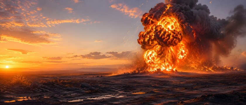 Massive explosion with fire and smoke in a desert landscape during a dramatic sunset. Powerful blast of heat and debris across the horizon. Natural disaster and war impact concept.