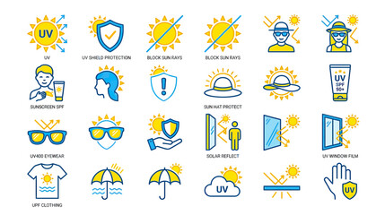 Fototapeta premium Sun Protection Icons: UV Rays, Sunscreen, Hats, Glasses, Clothing, Window Film