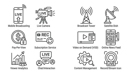 Obraz premium Broadcast Icons Set: Live Streaming, Mobile, VOD, News, Analytics, Pay-Per-View