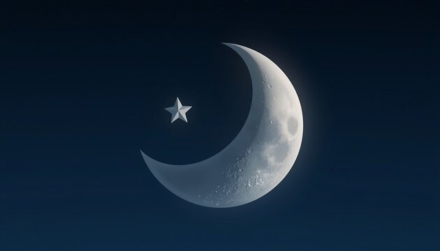 Crescent moon with a single star in the night sky, dark blue background