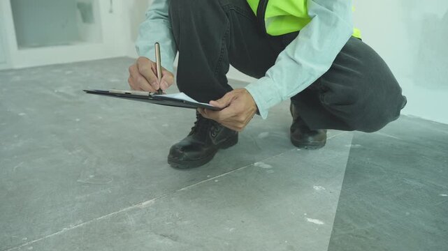 inspector or engineer is inspecting construction and quality assurance new house using a checklist. Engineers or architects or contactor work to build the house before handing it over to the homeowner