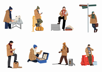 Illustrations of people in winter coats and parkas in various transitional situations related to migration, travel, and humanitarian aid on a white background. © Sabrina