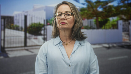 Hispanic woman, grey hair, wearing glasses, gold pendant necklace and hoop earrings, tilts head and looks sideways on a residential street  quiet contemplation. © Krakenimages.com