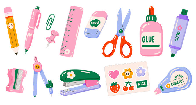Vector illustration set of school and office tools. Cute cartoon pen, pencil, ruler, sticker pack, scissors, stepler, eraser, clip, glue, marker, sharpener, divider, corrector.