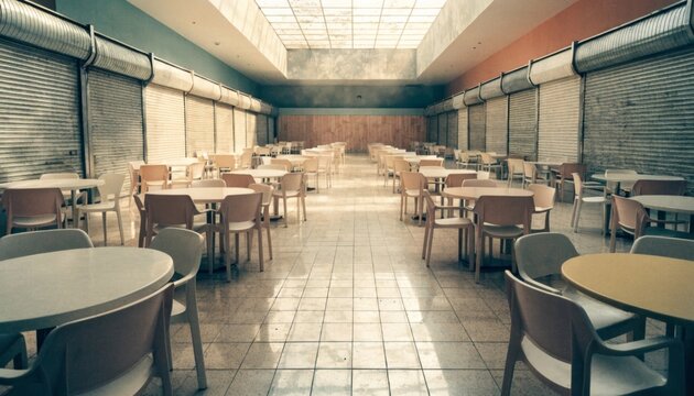 Abandoned food court in a deserted shopping mall featuring closed shutters creating a haunting atmosphere of stillness and emptiness that evokes a sense of liminal space