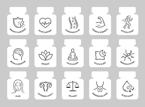 Functional capsules and health supplement vector icon set for dietary supplements, vitamins. The outline vector icons are well scalable for packaging label design. EPS10.