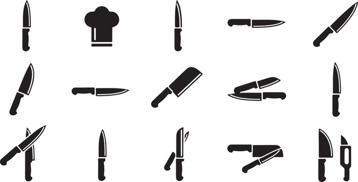 Kitchen Knife Icons, Black Silhouette Knife Set, 20 Chef Knives