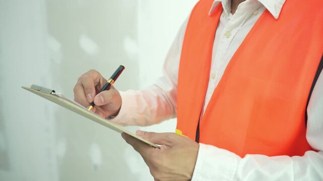 inspector or engineer is inspecting construction and quality assurance new house using a checklist. Engineers or architects or contactor work to build the house before handing it over to the homeowner