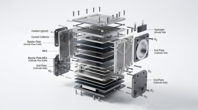 Exploded view of a hydrogen fuel cell stack with labeled components on a clean white background.