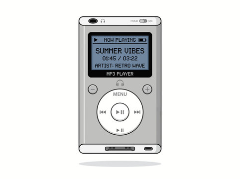 Retro Style Digital MP3 Music Player Illustration on White Background.