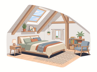 Cozy attic bedroom illustration with skylight and wooden beams. © Yanda
