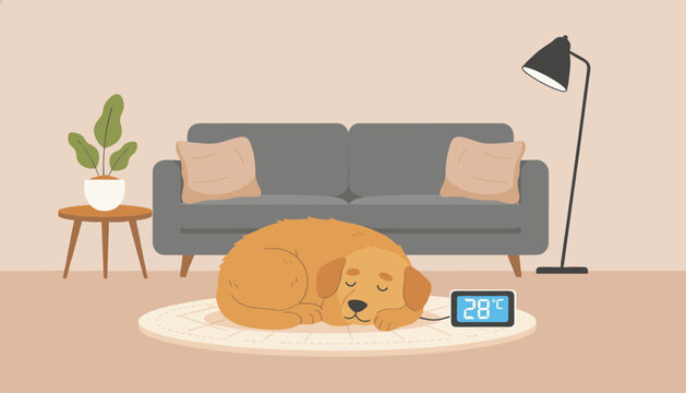Golden retriever dog sleeping peacefully on a round rug with an electric heating pad set to twenty eight degrees in a cozy living room.