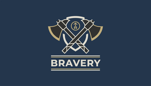 Heraldic shield logo design featuring crossed tactical battle axes and a central emblem with the word bravery printed below.
