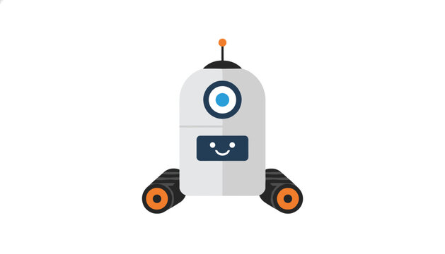 Cute white futuristic robot character on tread wheels with a blue eye and a friendly digital smile isolated on white.