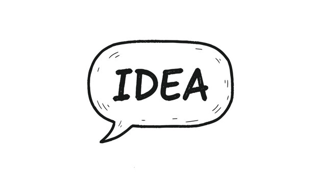 Hand-drawn comic speech bubble containing the word idea written in bold handwritten letters on a plain white background.