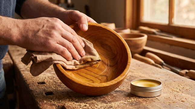 Close up of craftsman hands using a cloth to apply natural beeswax polish to a hand turned wooden bowl at a messy carpentry workbench in a sunny workshop