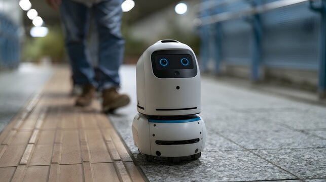 A small white robotic device with glowing blue eyes stands on a tiled floor as a person walks past