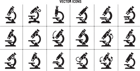 Fototapeta premium Microscope Icons, Vector Laboratory Symbols, Science Equipment, Black Illustrations