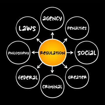 Regulation mind map showing related concepts like agency, laws, philosophy, federal, criminal, greater, social, penalties. This diagram highlights governance, legal compliance and key oversights.