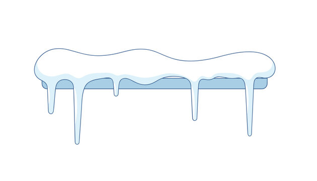 Cold winter snow drift with sharp hanging icicles on light blue ledge isolated on white background.