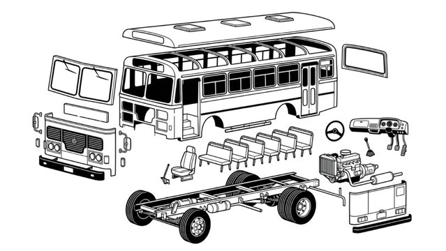 Vintage bus exploded view diagram with separated automotive parts vector illustration